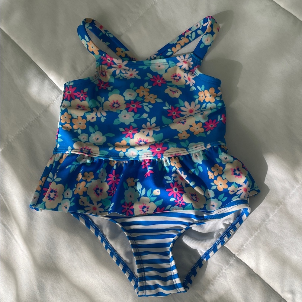 Cat & Jack Floral and Stripe Blue two Piece Swimsuit